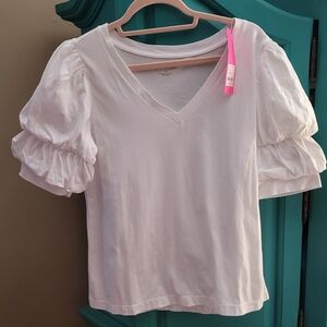 Lilly Pulitzer White V-Neck Puff Sleeve Tee with Tiered Sleeves